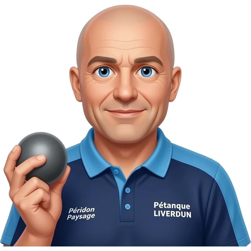 tête homme 60 ans yeux bleus sans cheveux avec boule de pétanque grise à la main sur maillot bleu foncé avec col trois boutons bleu clair et avec épaules seules bleu clair coté droit Pétanque LIVERDUN, côté gauche "Péridon Paysage" emoji