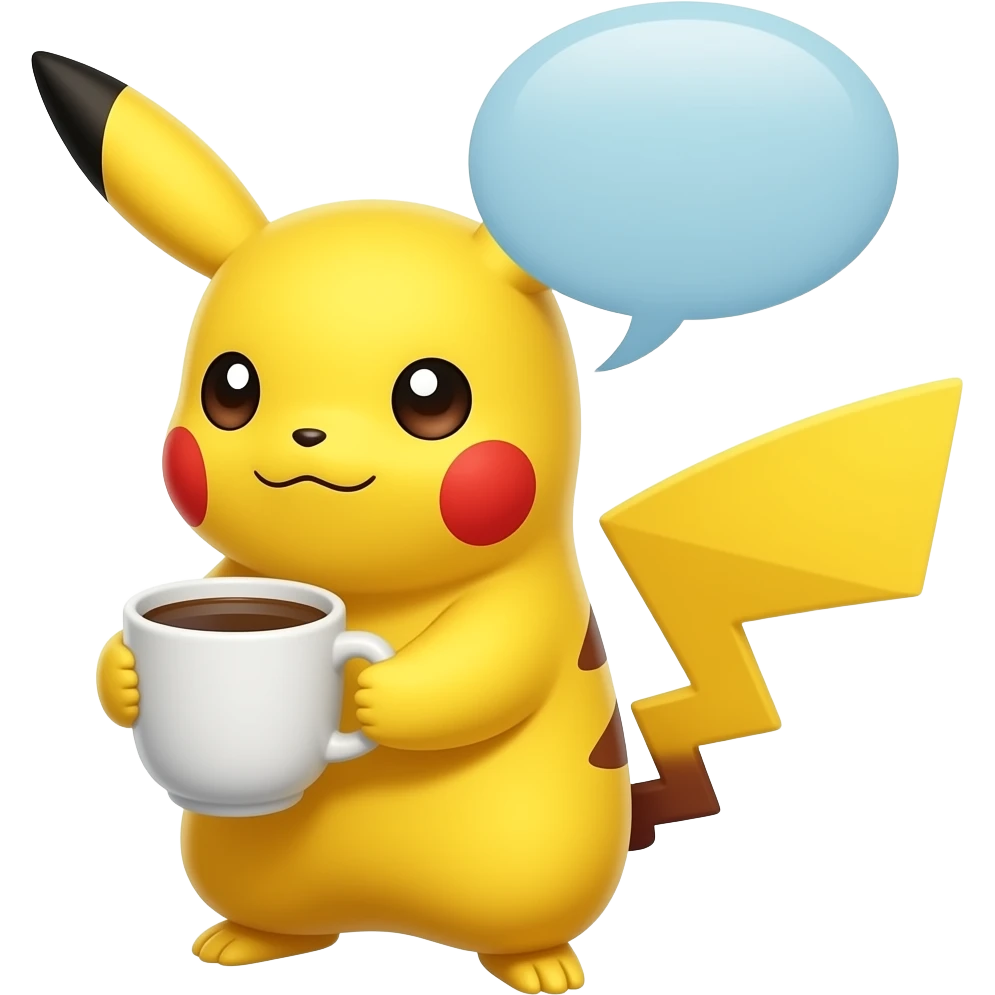 Pikachu, en train de boire un café qui dit dans une bulle n’importe quoi emoji