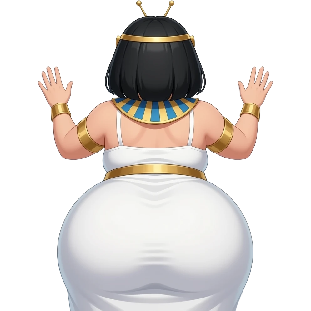 Anime extremely curvy and fat big booty a white female creature cosplaying Egyptian girl showing back her buttocks with putting her hands behind the wall with her white dress and big big big big big buttlocks with a tv head emoji