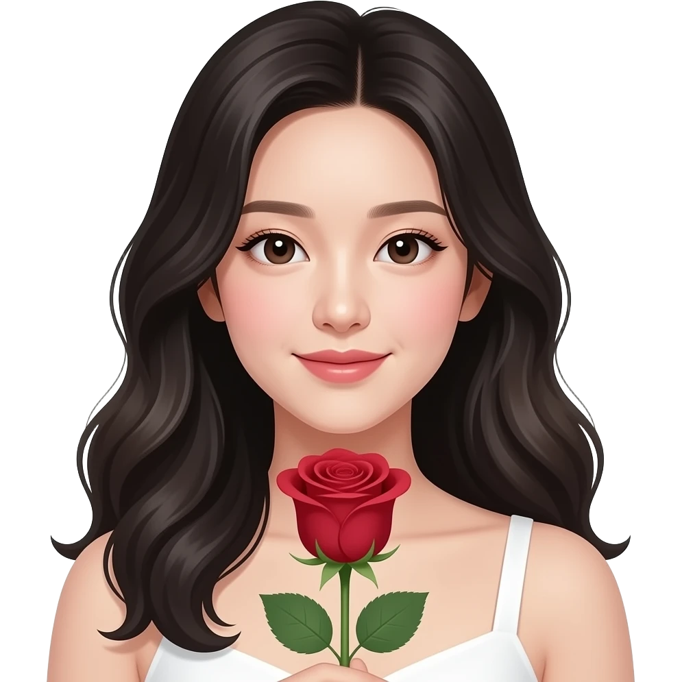 Mujer coreana recibiendo una rosa, que la chica sea piel muy clara, cabello ondulado y negro y con ojos asiáticos emoji