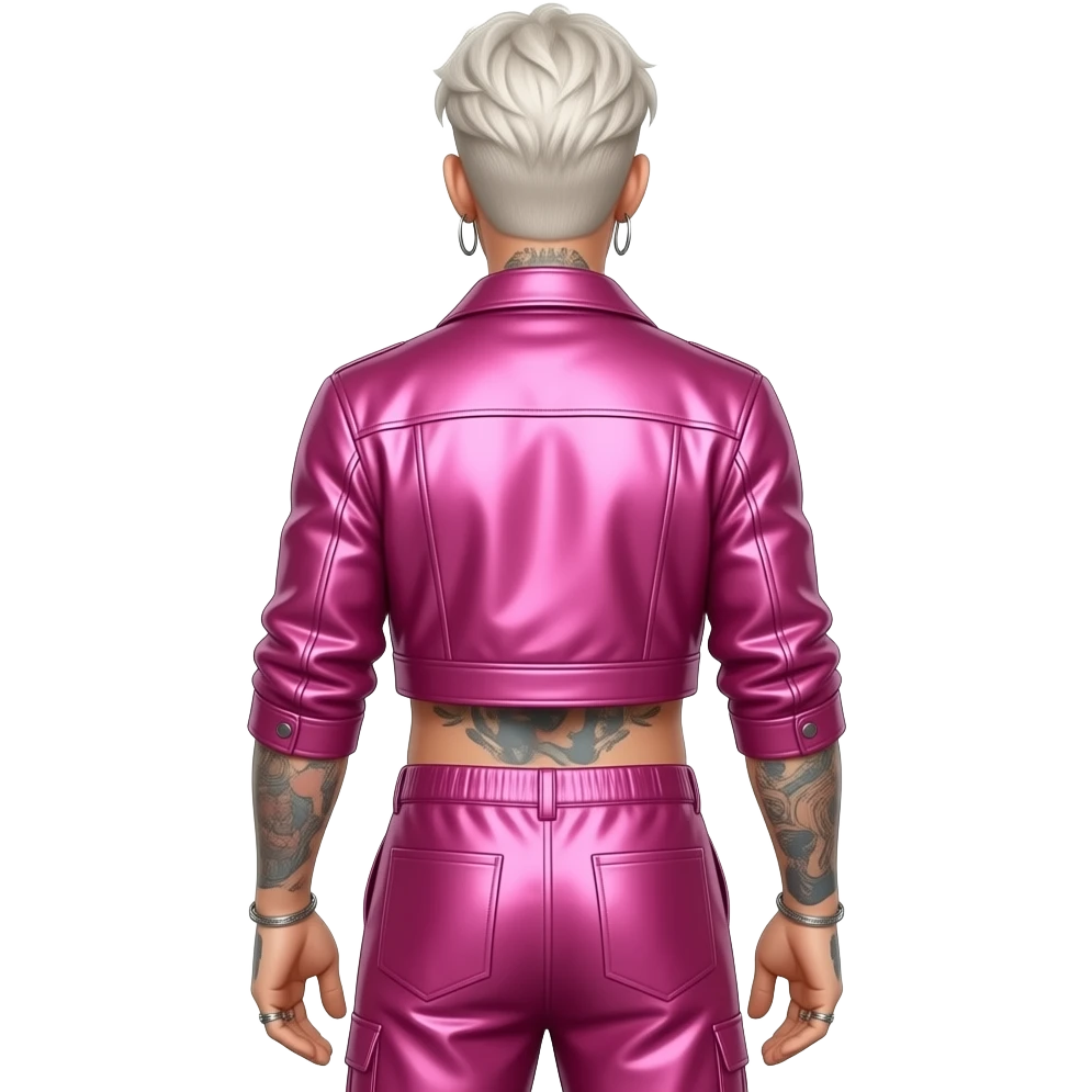 Machine Gun Kelly from behind with white blonde hair, hot pink metallic jacket crop top, hot pink metallic baggy pants emoji