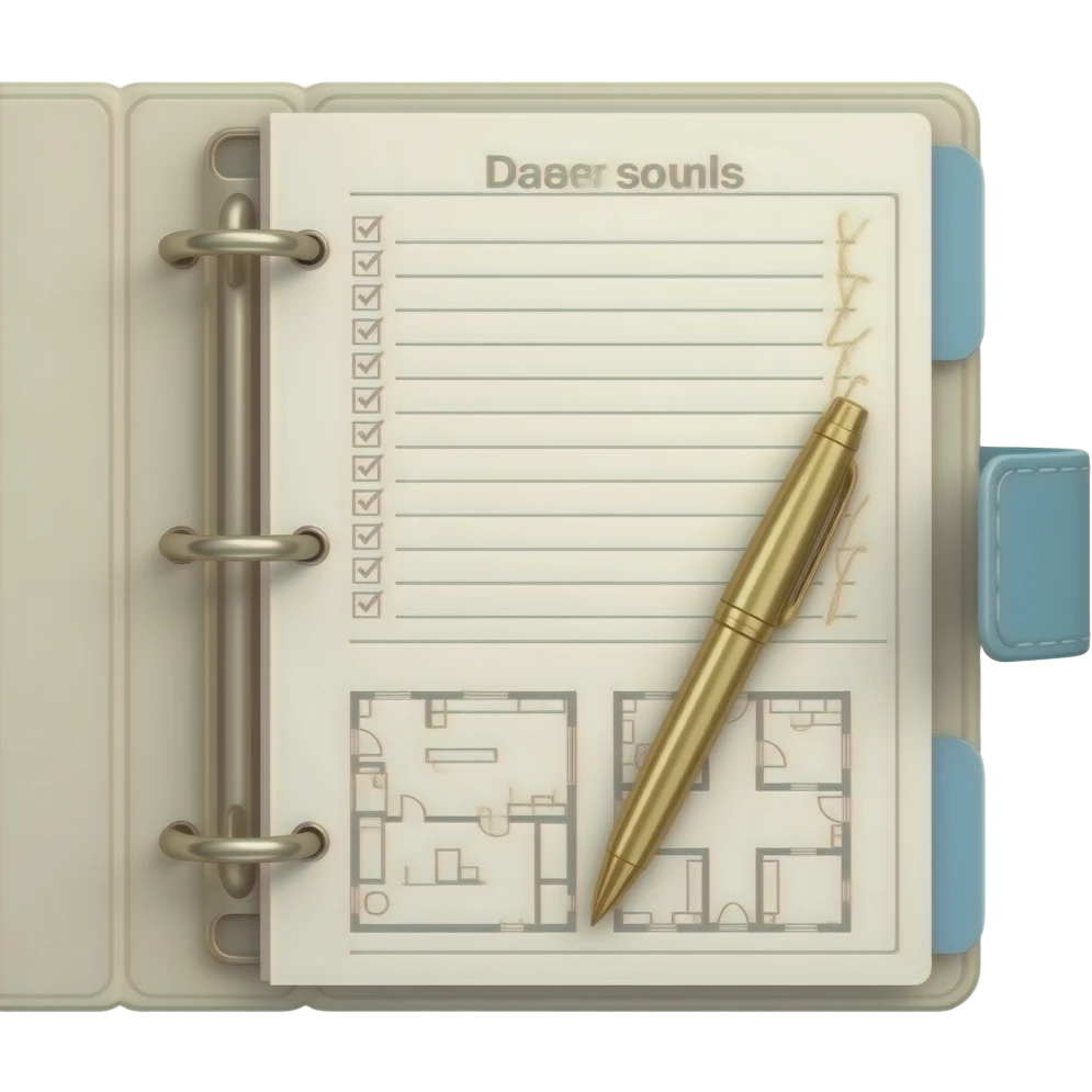 3D emoji of an open ivory wedding planning binder with dusty-blue tabs ...