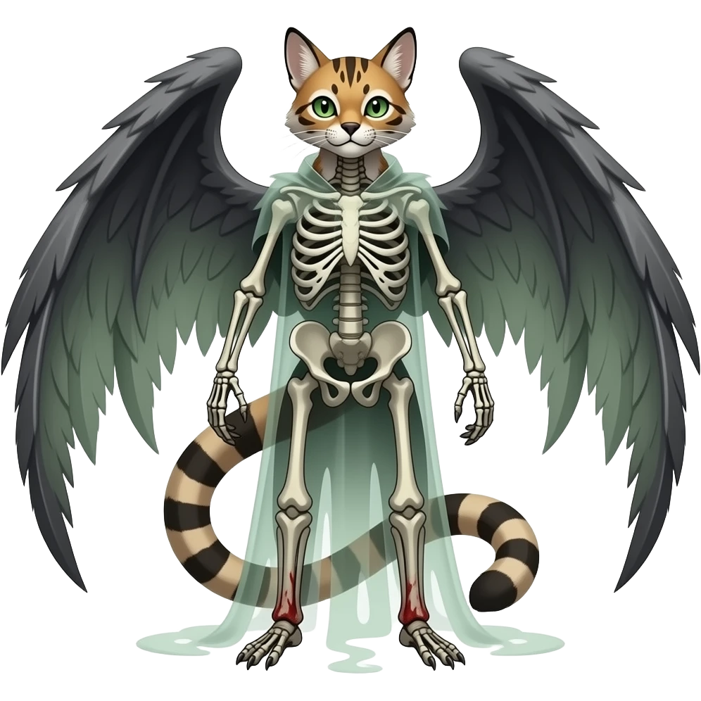 swampy ghostly dull spectral edgy spooky bloody meager thin cool beautiful skeleton-fantasy-caracal-civet-genet-sergal-vernid-Gryphon-Cacomistle-Trico-oncilla-animal-Fakémon-hybrid-fursona (full body) emoji