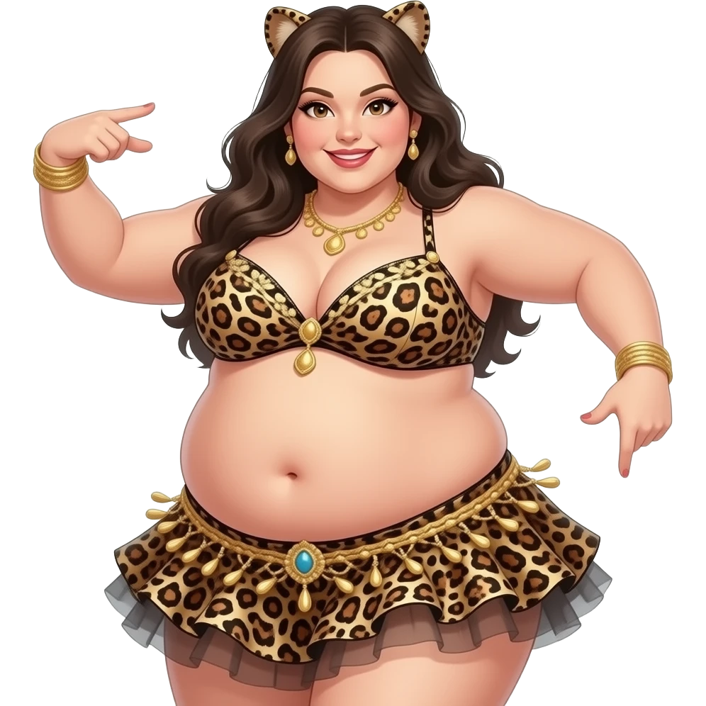 A female leopard belly dancer,with an morbid obese love handles & muffin top midriff,her bellybutton bulging from being stuffed to the max after a luncheon buffet,She dances then her bouncy belly wobbles a lot. emoji