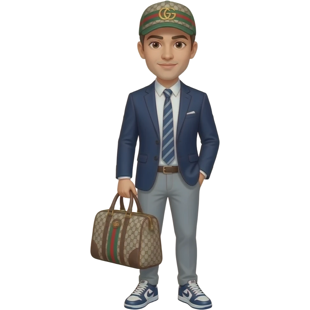 a man with a lacoste set, a gucci bag, a gucci hat and nike shoes emoji