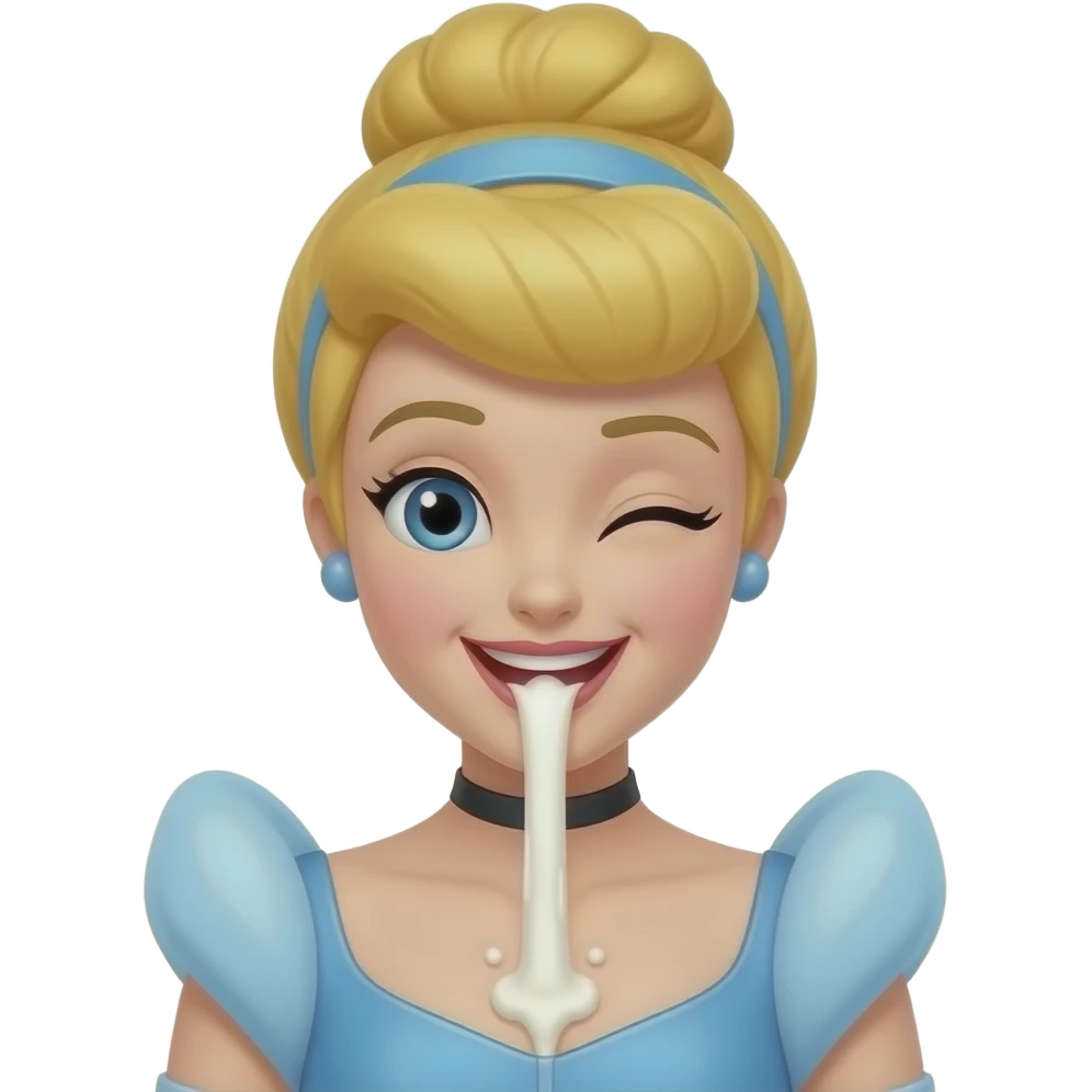 Cinderella with milk coming out of her nose, both nostrils, laughing and winking emoji