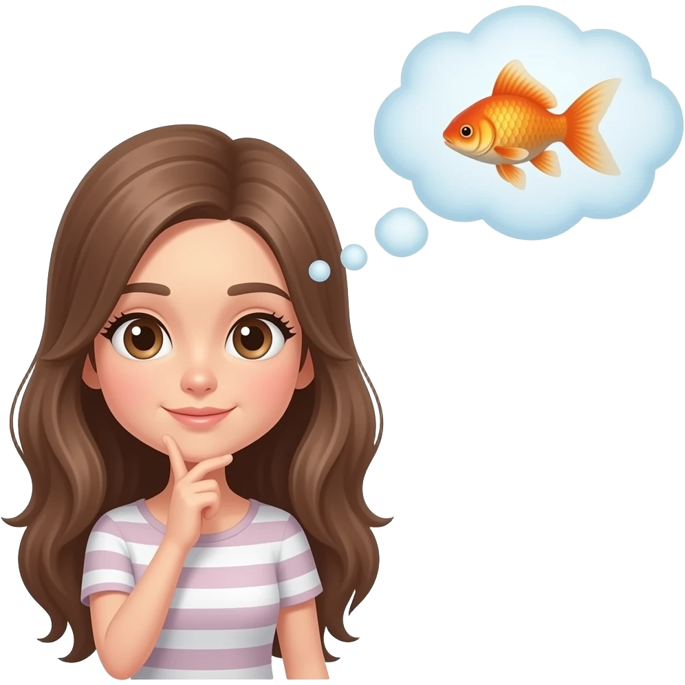 Long brown haired Girl thinking about goldfish in thought bubble emoji