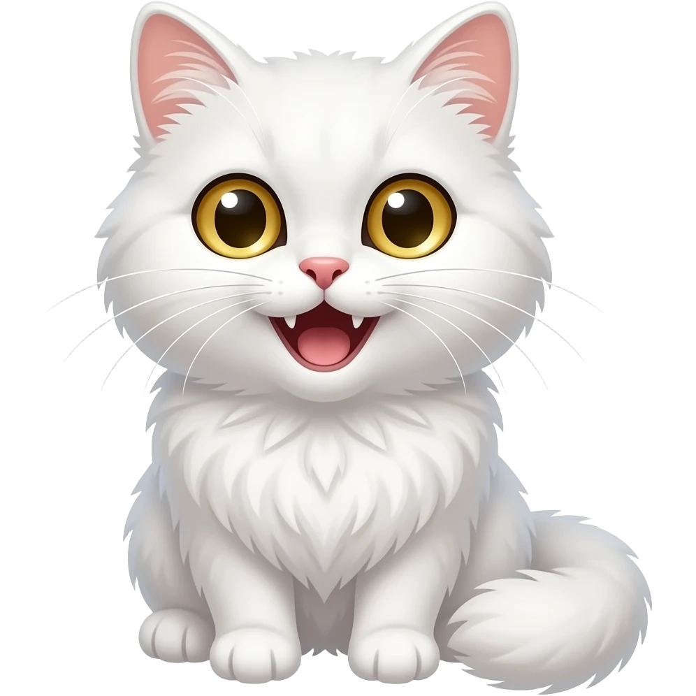 cute white cat with golden eyes, fluffy fur, polished chibi style, discord emote, twitch emote, transparent background, thick clean outline, soft shading, expressive face, high contrast, laughing emoji