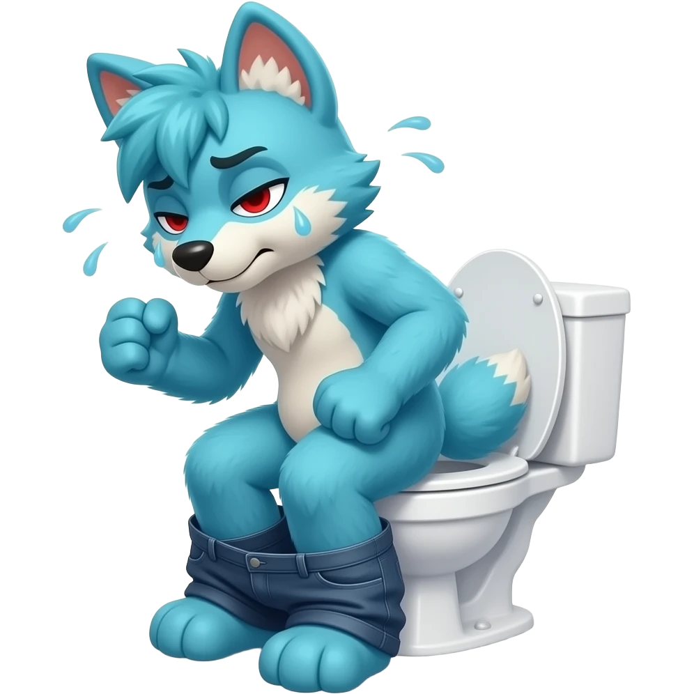 blue fursuit sitting on toilet, red eyelids, side view , pants down, pushing, eyes closed, straining face, pushing, sweating, both fists, emoji