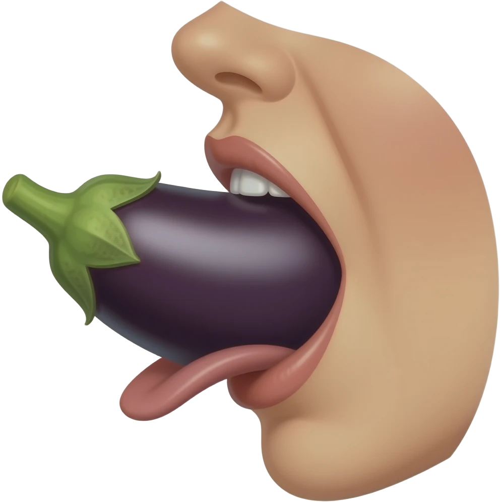 Side view of an eggplant entirely inside a woman’s mouth slobbering emoji