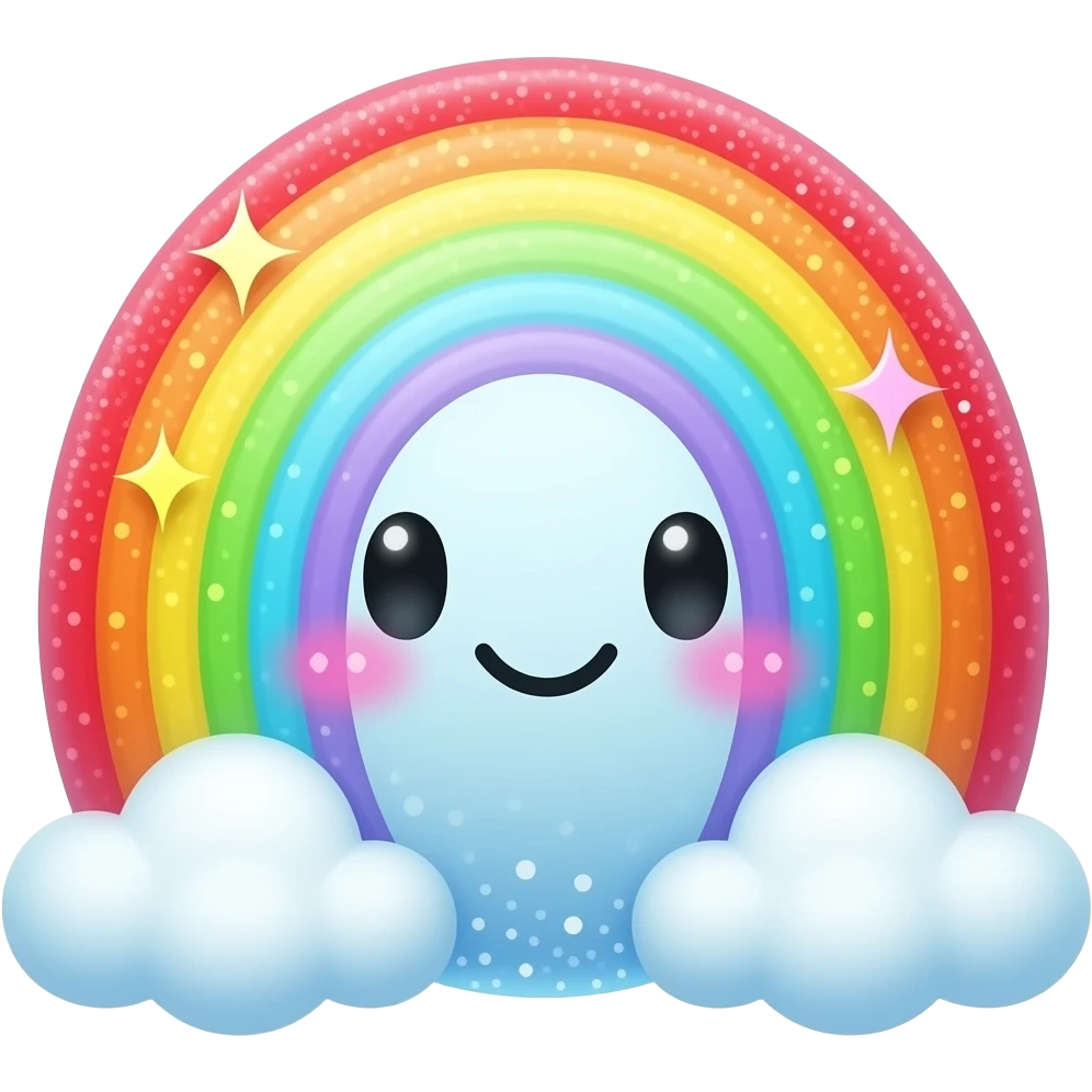 Rainbow Blob — A colorful rainbow blob with a soft rounded shape, bright rainbow swirls, cheerful face, glitter details, tiny clouds, fun magical collectible design. emoji