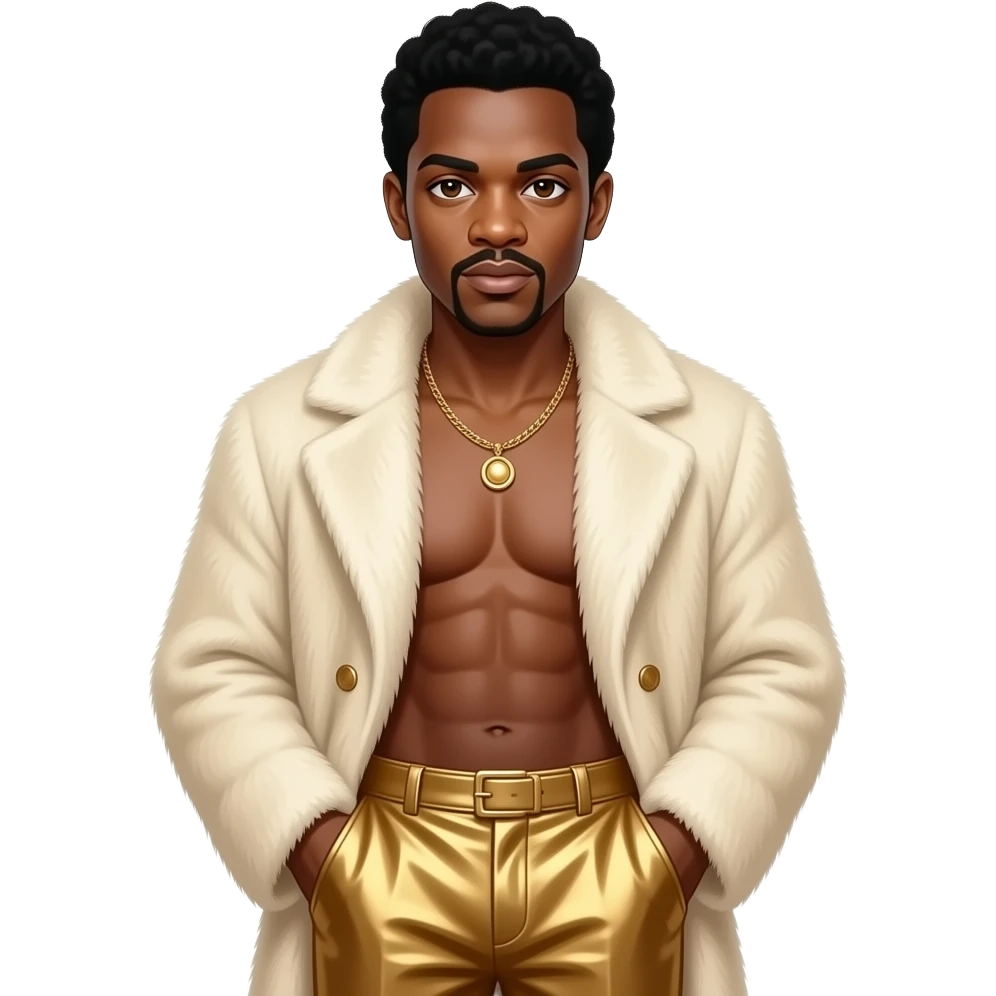 James Brown with brown eyes, black hair, cream fur coat, gold metallic baggy pants, shirtless with necklace emoji
