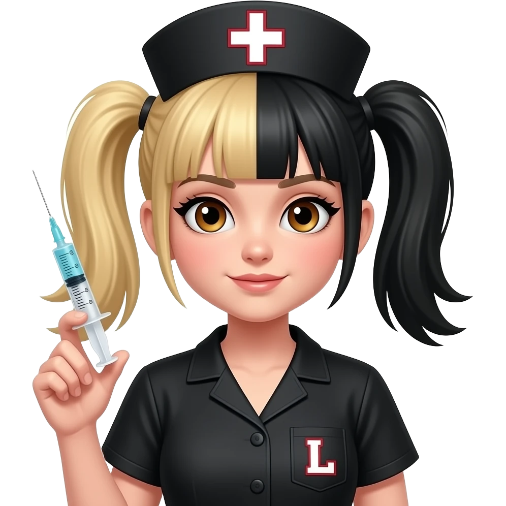Punk nurse girl with hypodermic needle with half blonde half black hair in pigtails with a letter L patch on black scrubs and brown eyes emoji