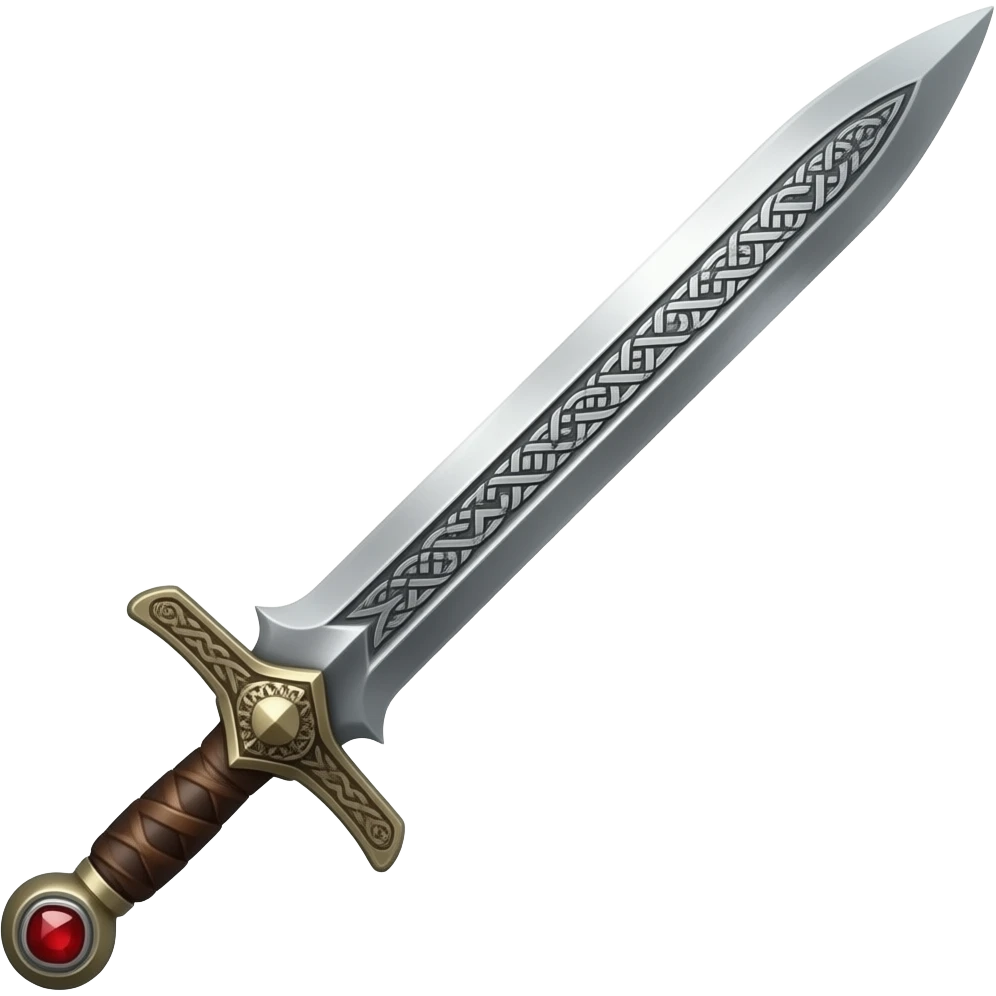 Realistic long thin flaming sword, Knight style sword, celtic runes engraved in the blade, wooden handle wrapped in leather, ruby gem at the hilt emoji