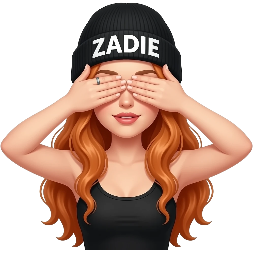 sexy girl with overlong wavy ginger hair and ginger eyes wearing a black tanktop and a black beanie with ZADIE written on it, is covering her eyes with her hands emoji