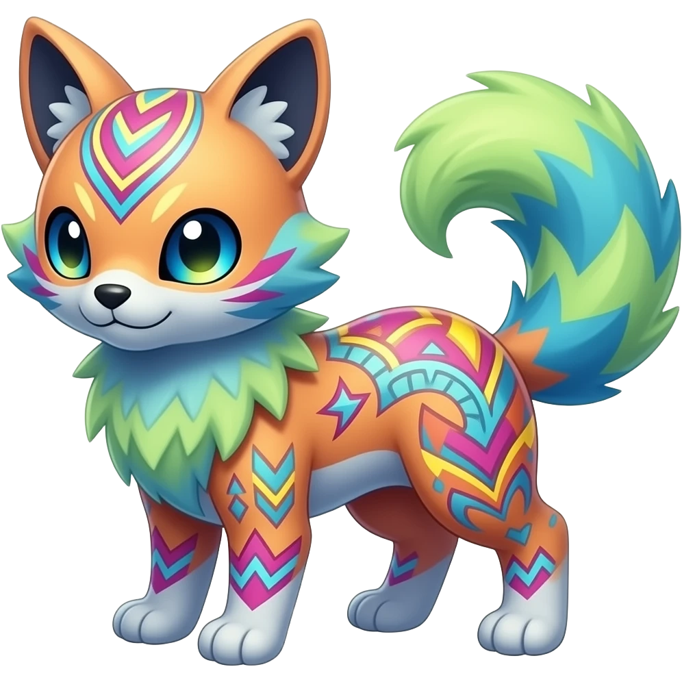 Colorful unique fantasy original shiny smooth soft flurry edgy cool Civet-Absol-Sprigatito-Vaporeon-Fakémon-hybrid with tribal chevron heart floral lightning bolt strikes damask paisley markings emoji