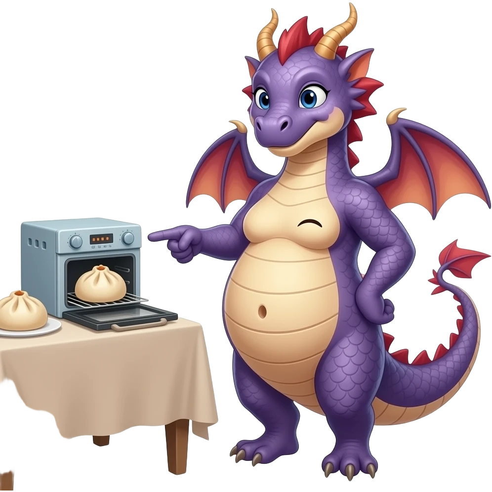A female eastern dragon,enjoyed a great buffet,now she pretends she has a twin baby bump,she sticks out her big full stomach,she is just perfect pointing cutely at her food baby,it is a guessing game with her bun in the oven,but she knows she is just fat,her bellybutton makes agreement with clues. emoji