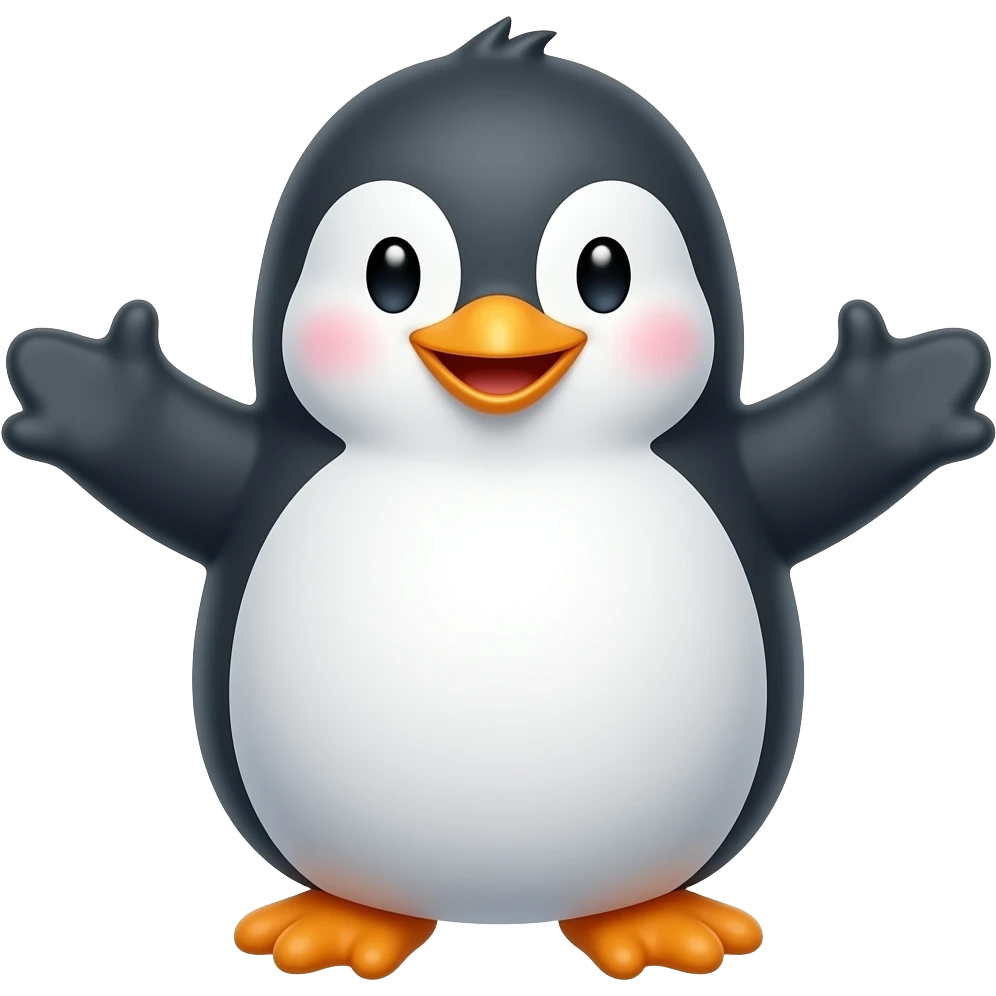 Happy penguin emoji, smiling face, little wings raised, orange feet, playful pose, glossy cartoon 3D emoji, premium sticker style emoji