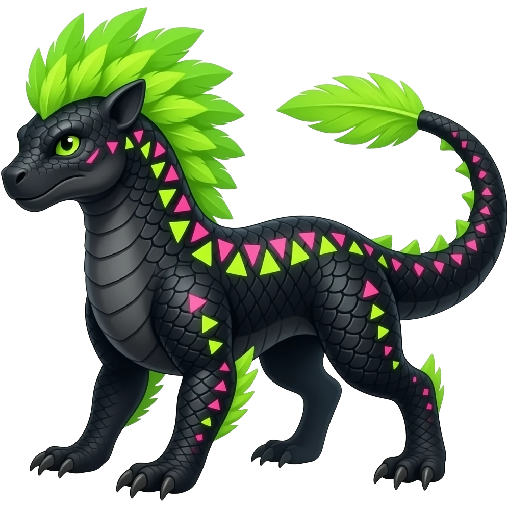Cool edgy ancient black-scaled with neon-colored triangular stripe markings digitigrade vintage futuristic raptorik fantasy-Cyberpunk-Steampunk-Solarpunk-Genesect-Salamence-Tyranitar-Vernid-Fionbri-Fakémon-animal-hybrid, with neon-green feather-mane, and a tail blade, back spikes, full body emoji