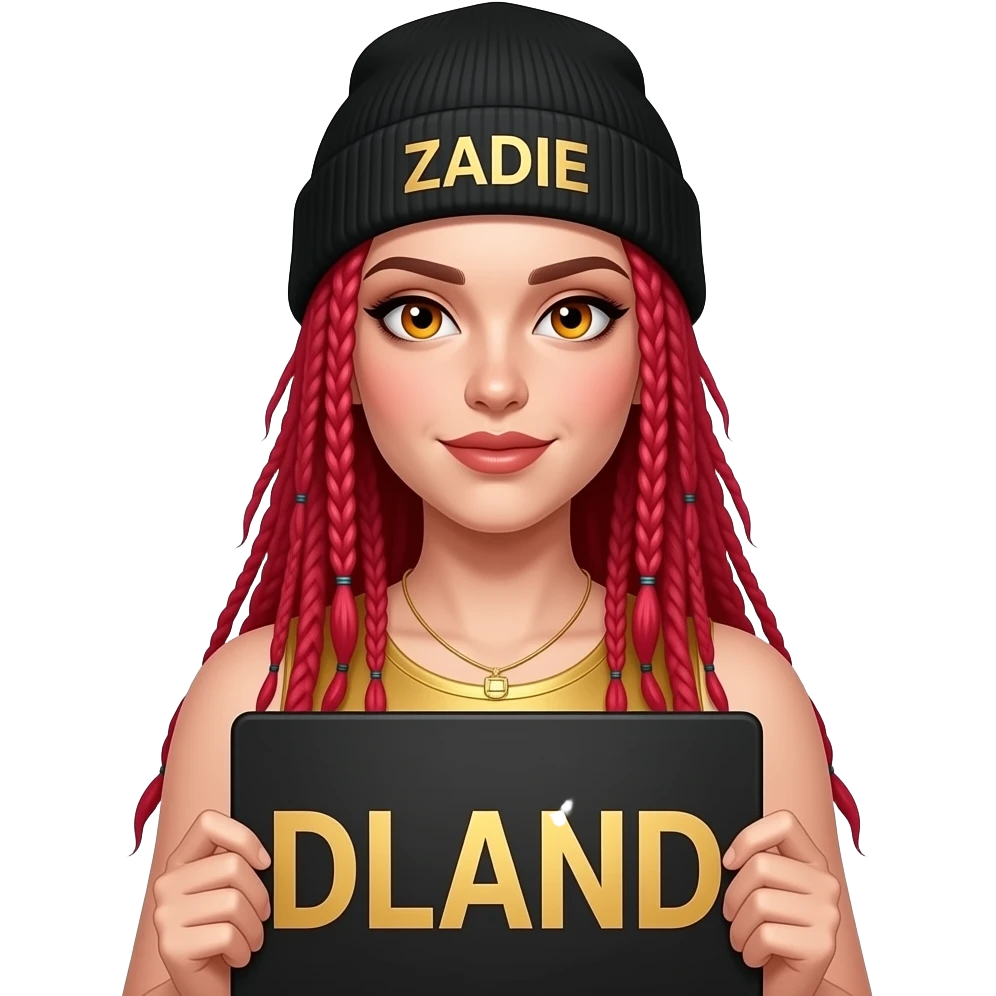 sexy girl with overlong neon red braids and ginger eyes wearing a gold tanktop and a black beanie with ZADIE written on it, is holding a black sign with DLAND written on it emoji