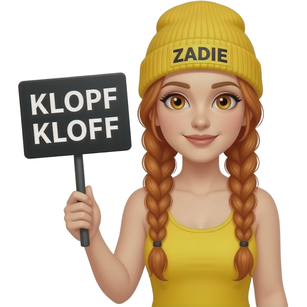 sexy girl with overlong ginger braids and ginger eyes wearing a yellow tanktop and a yellow beanie with ZADIE written on it, is holding a black sign with KLOPF KLOPF written on it emoji