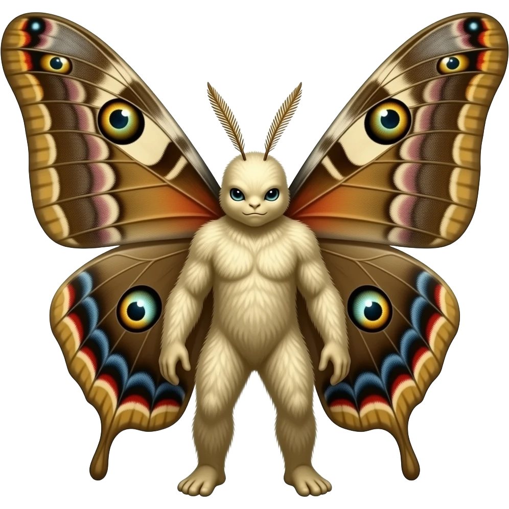 a colossal divine moth-like creature , Massive moth wings with colorful eye patterns, Fuzzy white or golden body, Long antennae, glowing bioluminescence, emoji