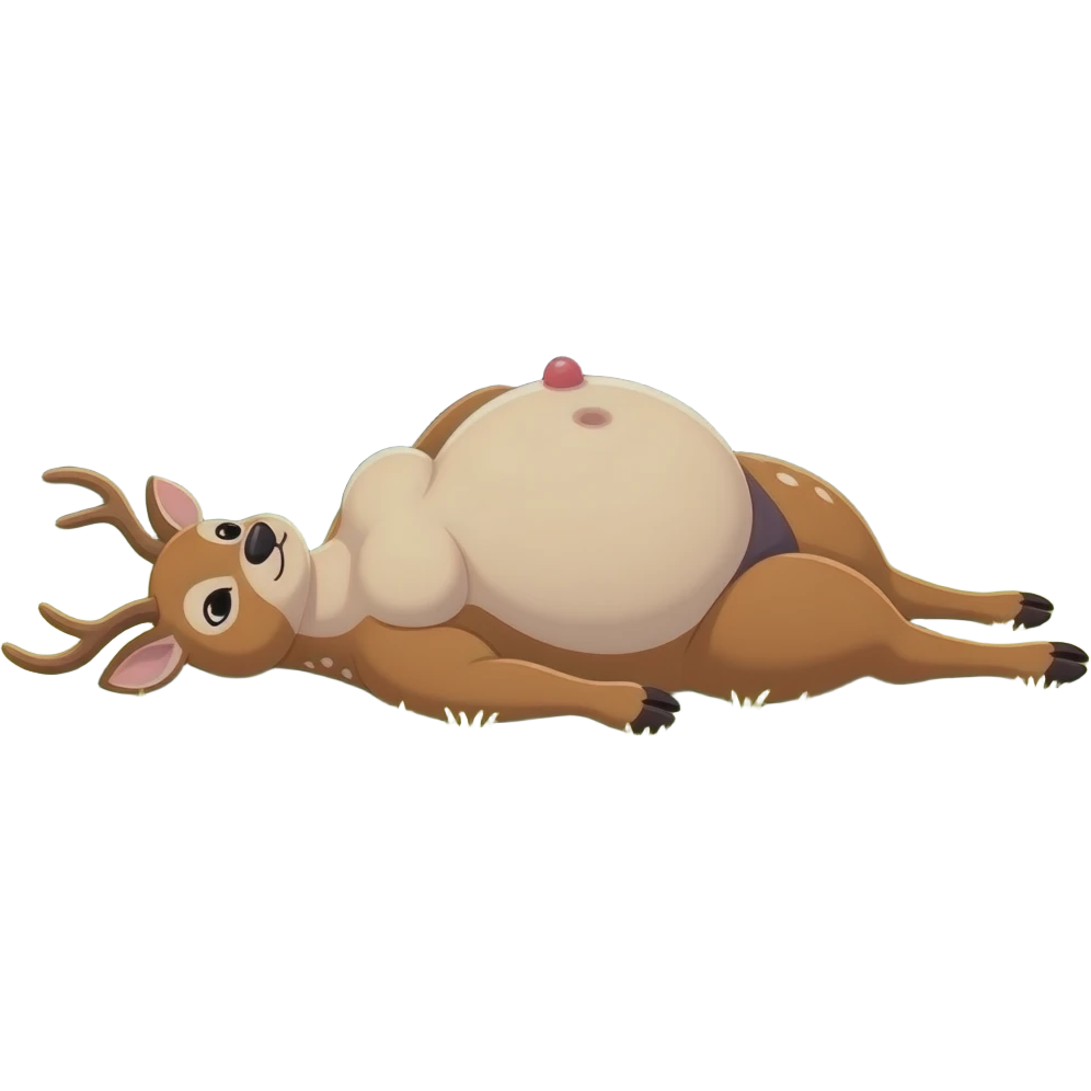 A female deer/doe is sprawling on her back unable to move,she pinned down by her own gigantic spherical ballooning Belly,her Bellybutton looks like it could reach the forest ceiling,she is that Fat,She ate way too much,She is one stuffed deer. emoji