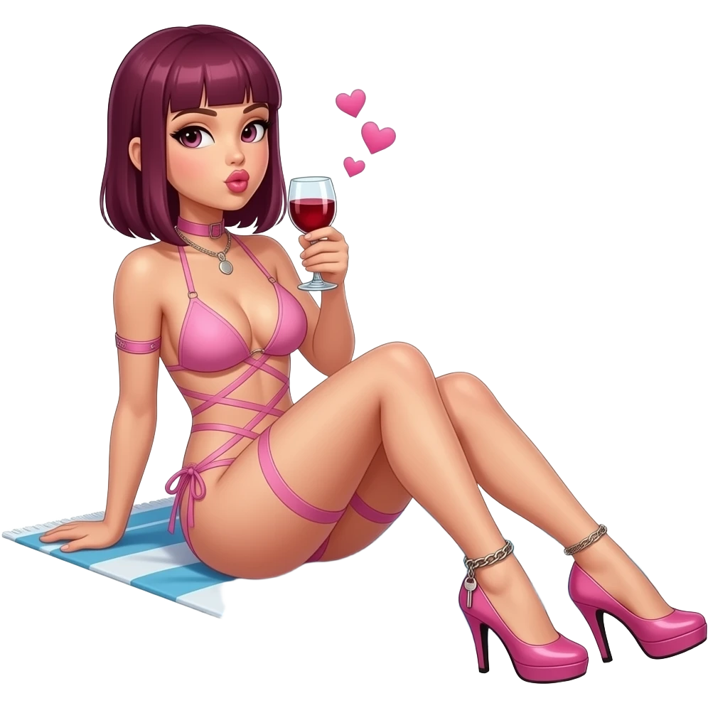 woman. burgundy, straight shoulder-length hair, sitting, sunbathing. baby pink bondage style bikini. very high fetish stiletto heels. Ankle chain with small key attached. glass of red wine in one hand. blowing kiss and pink hearts with other hand emoji