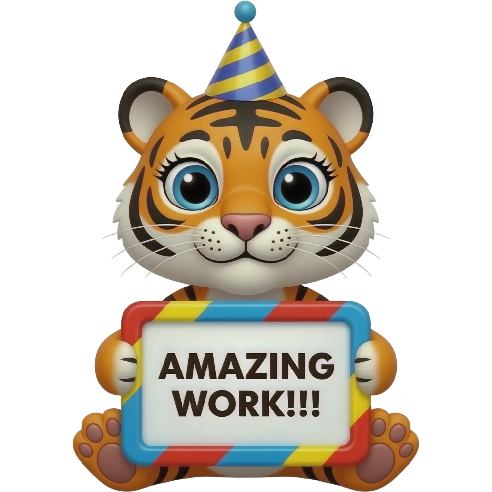 Create a super cute stuffed Animal which Looks Like a black and orange tiger facing front with big eyes and long eyelashes  with a birthday hat holding a blue, red, yellow striped ondulated frame sign with in front of its chest that says in a big black font "AMAZING WORK!!!" emoji