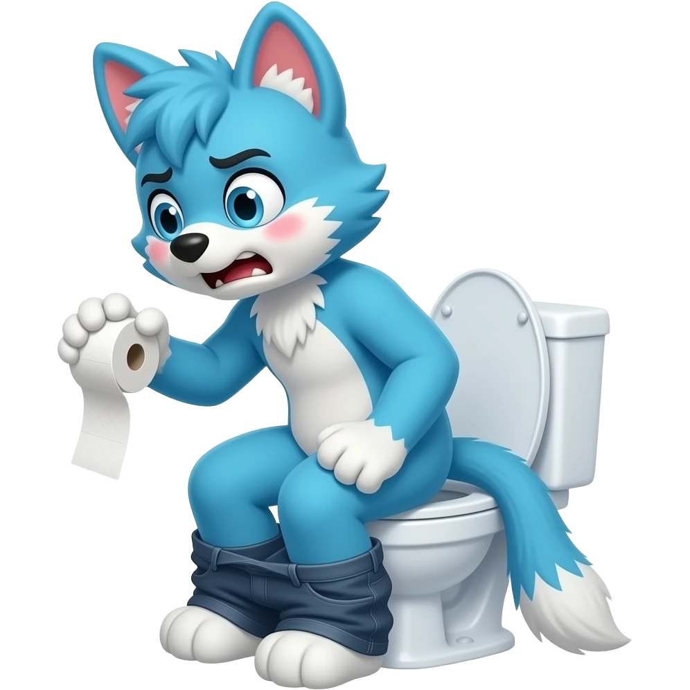 blue fursuit sitting on toilet, side view, pants down, straining face, blushing face, pain, pushing, holding toilet paper, discomfort, grunting emoji