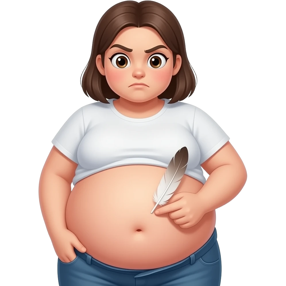 A girl with a huge bloated belly,now faces a battle with a feather that wants to tickle her bellybutton. emoji