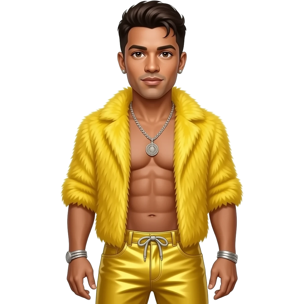 George Michael from Bone Thugs-N-Harmony with hazel eyes, brown hair, canary yellow fur shawl, canary yellow metallic baggy pants, shirtless with necklace and earrings emoji