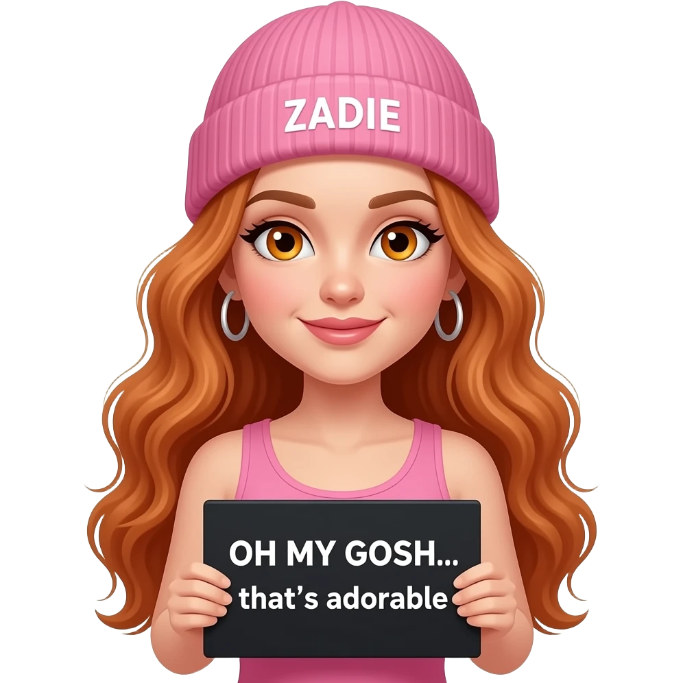sexy girl with overlong wavy ginger hair and ginger eyes wearing a pink tanktop and a pink beanie with ZADIE written on it, is holding a black sign with OH MY GOSH... that's adorable written on it emoji
