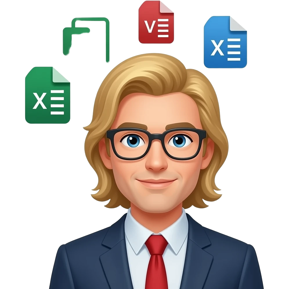 master data specialist with xls csv xml sheets around his head , blond long hair emoji