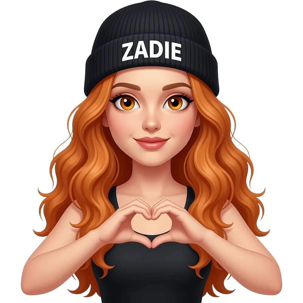 sexy girl with overlong wavy ginger hair and ginger eyes wearing a black tanktop and a black beanie with ZADIE written on it,  is making a heart with her fingers emoji