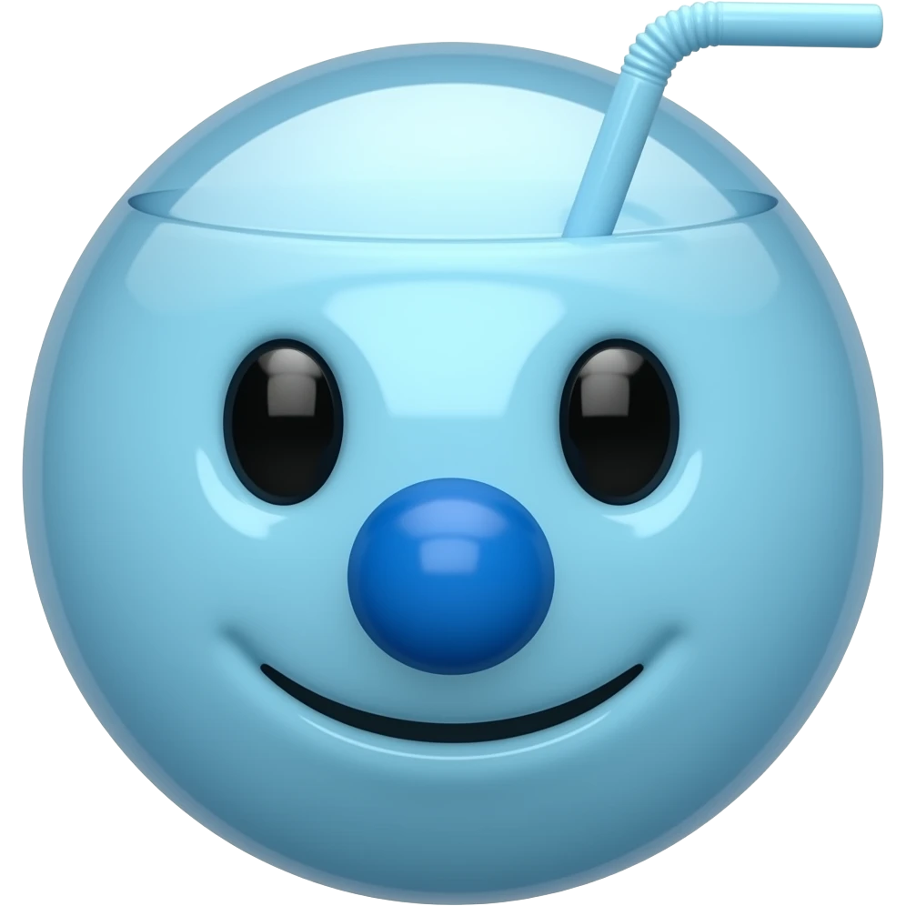 3D emoji kupa fincan, pasifik mavisi renk paleti, büyük yuvarlak mavi burun, fincanın içinde kısa düz pipet, 1930'ların çizgi film estetiği, parlak porselen dokusu, beyaz arka plan, yüksek çözünürlüklü render emoji