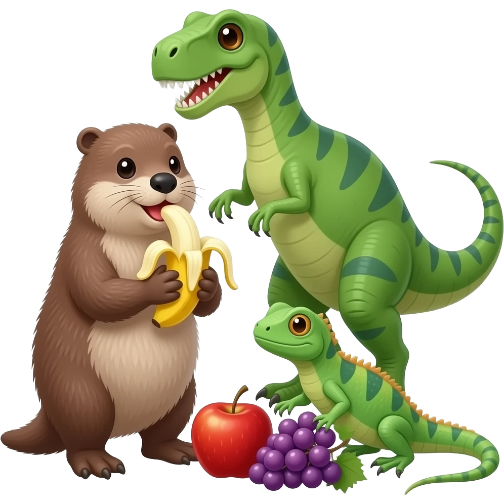 Platypus and dinosaurs and lizards eat banana and Apple and grapes ...