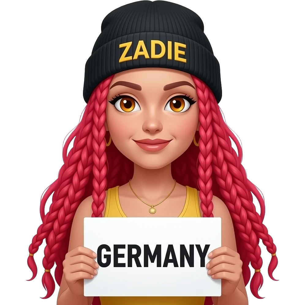 sexy girl with overlong neon red braids and ginger eyes wearing a gold tanktop and a black beanie with ZADIE written on it, is holding a sign with GERMANY written on it emoji