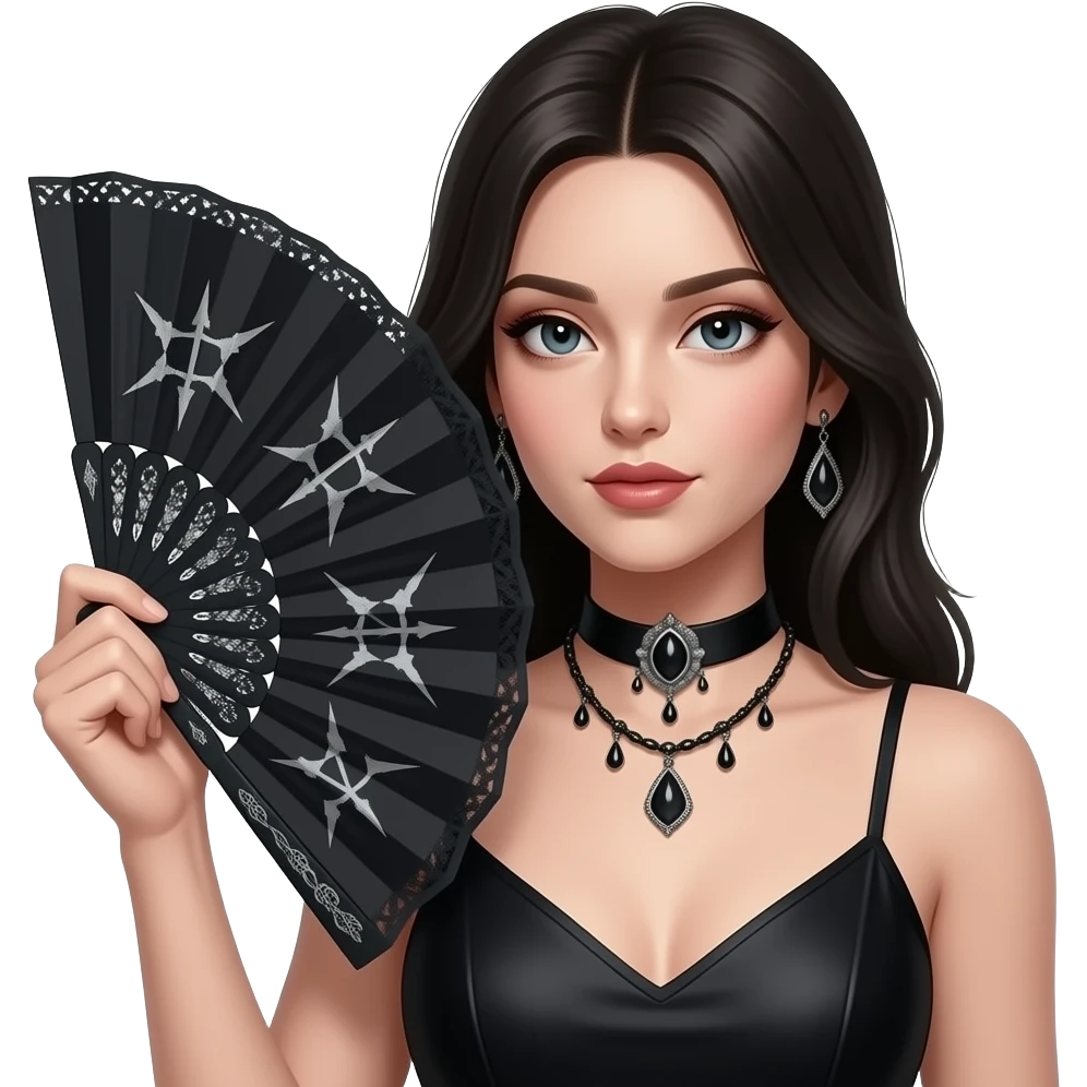 Realisting woman model holding a Goth style handheld fan emoji