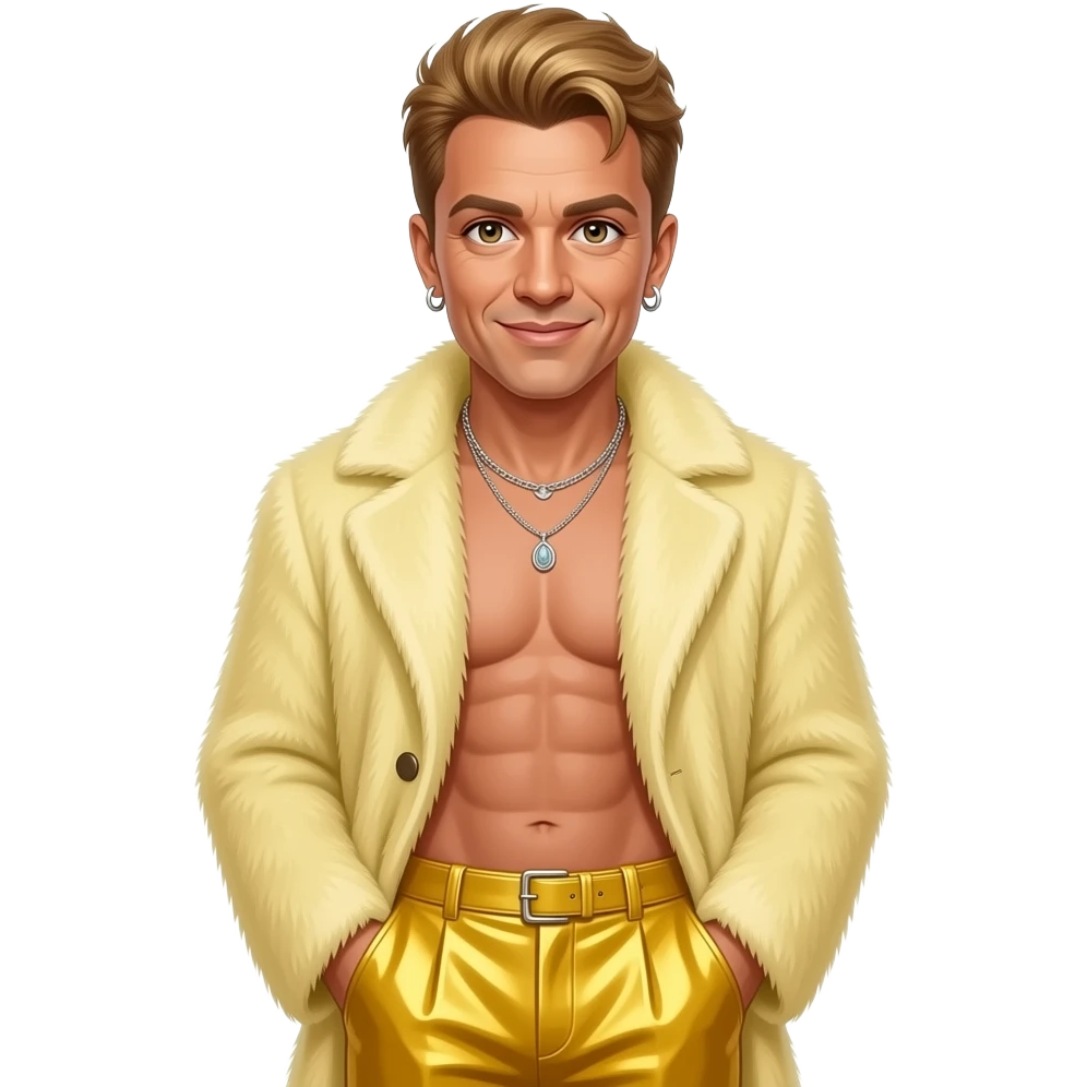 George Michael with hazel eyes, golden brown hair, pale yellow fur coat, yellow metallic baggy pants, shirtless with necklace and earrings emoji