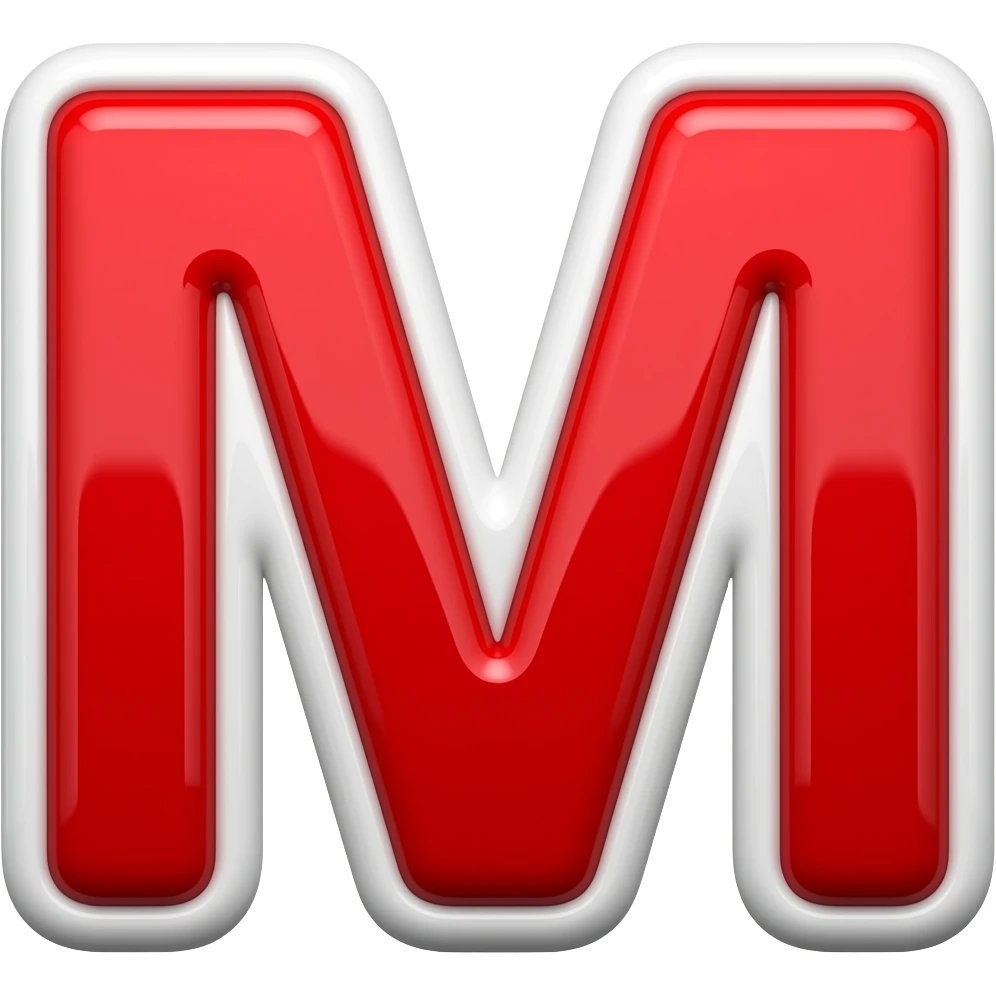 A bold uppercase letter M, glossy bright red with white border, subtle 3D effect, soft shadow, clean vector style, high resolution, isolated on transparent background, no background, no text except the letter M. emoji