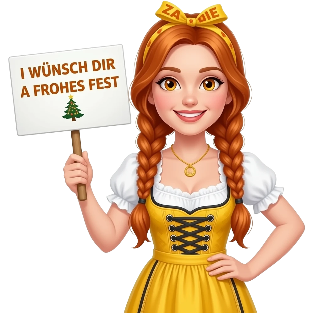sexy girl with overlong ginger braids and ginger eyes wearing a yellow dirndl and a yellow headband with ZADIE written on it, is holding a sign with I WÜNSCH DIR A FROHES FEST 🎄 written on it emoji