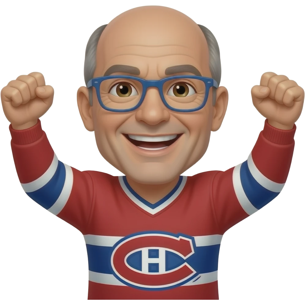 Homme, yeux marron, visage ovale et mâchoire carrée, chauve, portant de fines lunettes bleues, âgé d'une cinquantaine d'années, vêtu d'un maillot des Canadiens de Montréal, souriant en montrant ses dents, les bras levés pour acclamer emoji