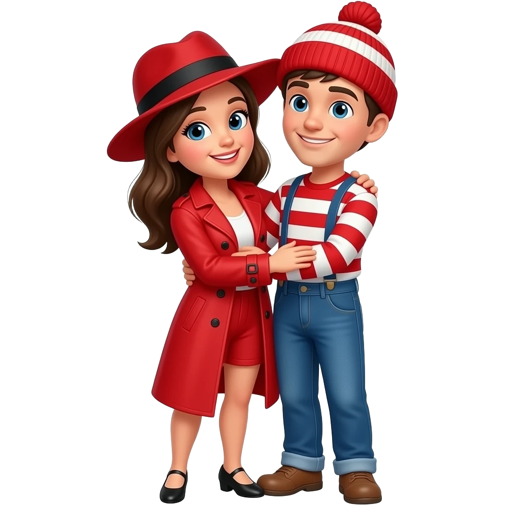 Carmen San Diego, a young woman wearing a red trench coat, a wide brim red hat with black band, and red shorts and Waldo, a young man wearing blue jeans, suspenders, a red and white striped shirt and a red and white striped knit beanie hat hugging (fullbody) emoji
