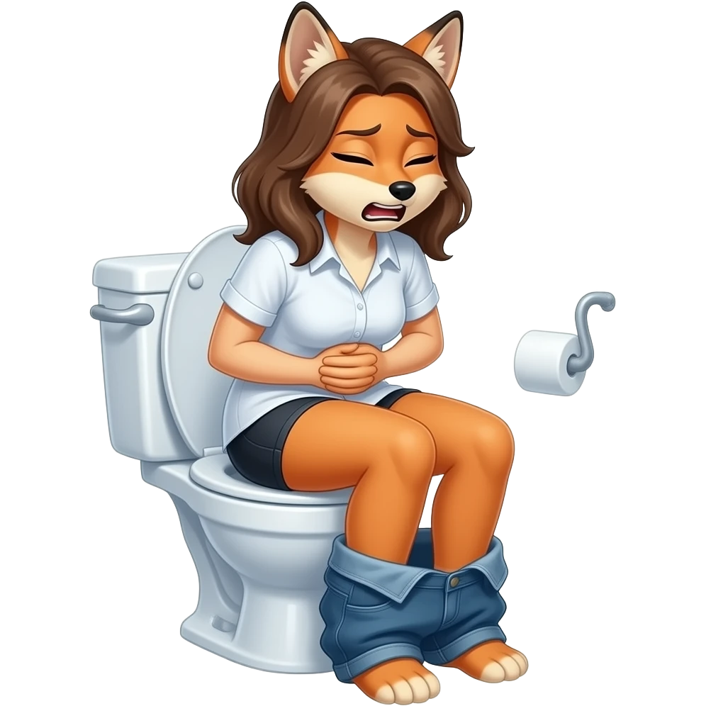 Female jackel furry person woman pants down shirt on,sit on toilet,grunting,stomachache, fursona emoji