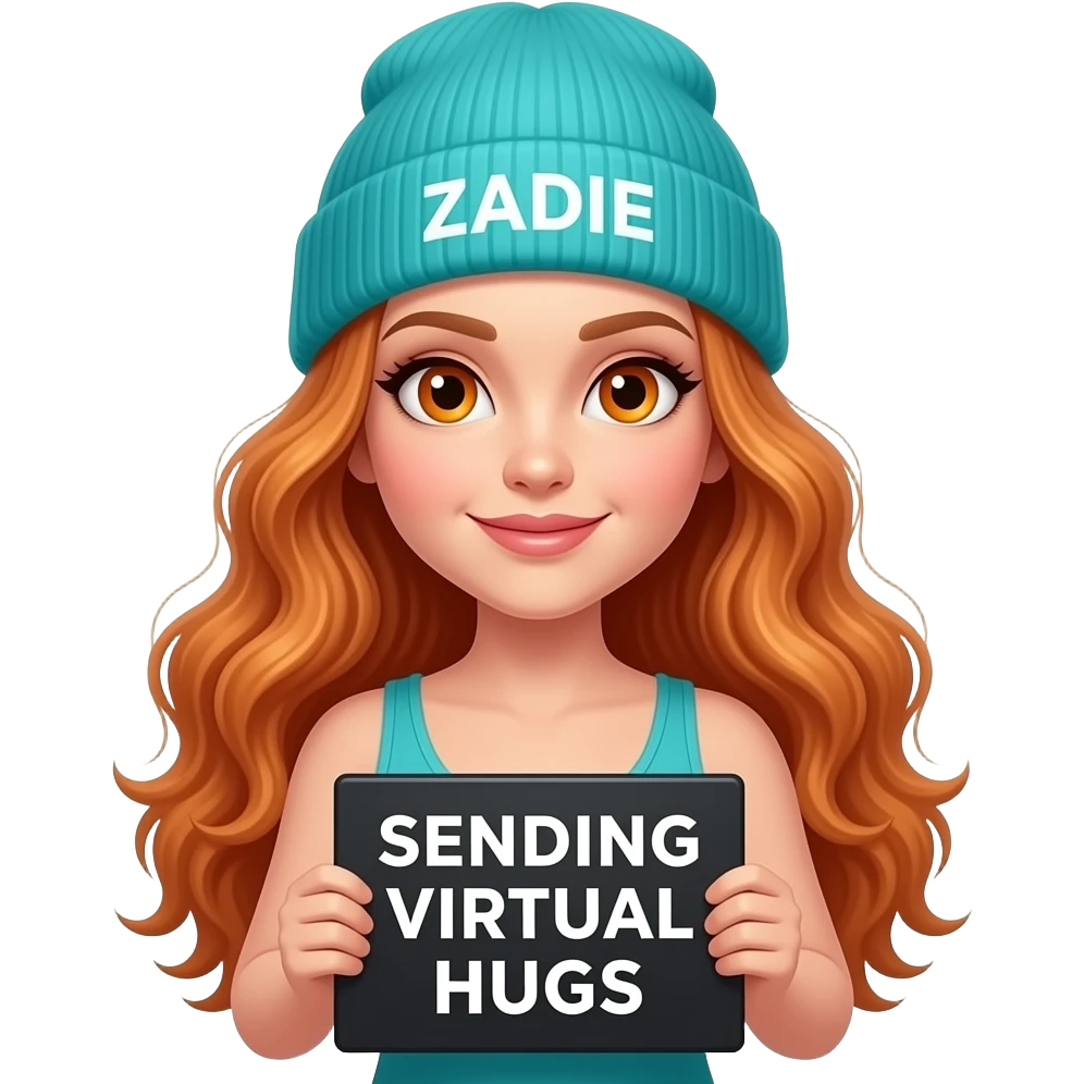 sexy girl with overlong wavy ginger hair and ginger eyes wearing a turquoise tanktop and a turquoise beanie with ZADIE written on it, is holding a black sign with SENDING VIRTUAL HUGS written on it emoji