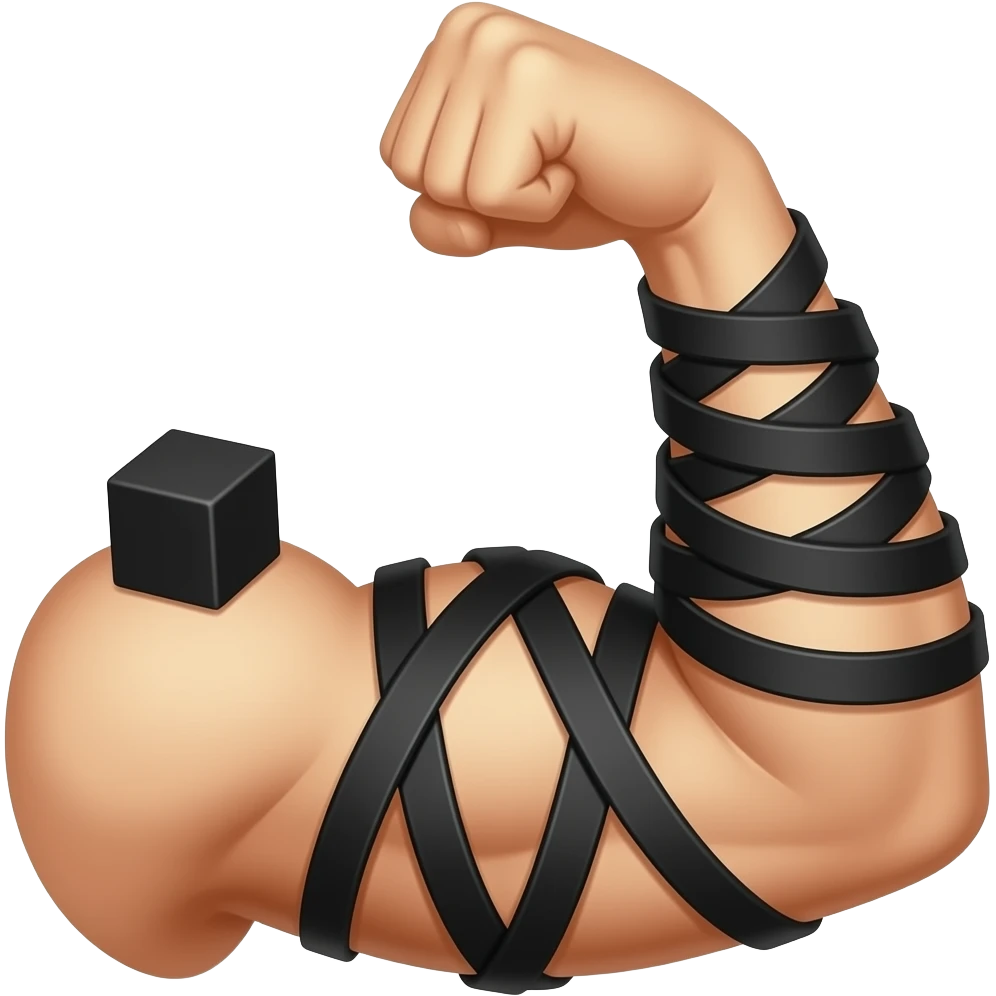 Flexed bicep with black phylacteries spiral wrapped around the arm with the black phylacteries cube on the top of the bicep💪➰⬛️ emoji