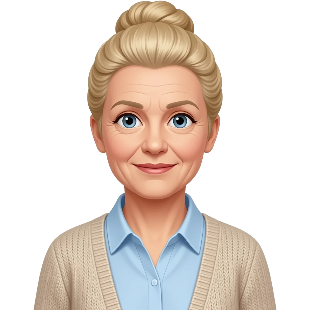 femme dans la cinquantaine cheveux blond remonté chemise avec cardigan emoji