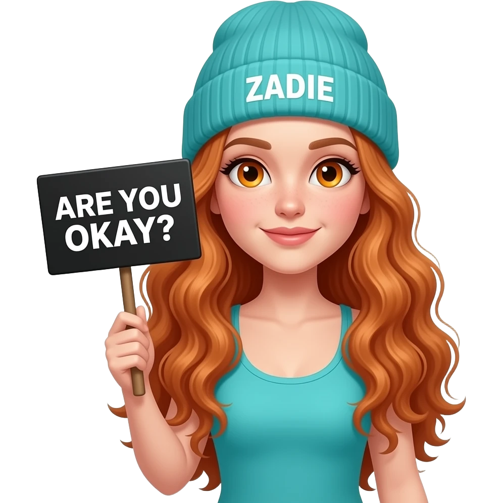 sexy girl with overlong wavy ginger hair and ginger eyes wearing a turquoise tanktop and a turquoise beanie with ZADIE written on it, is holding a black sign with ARE YOU OKAY? written on it emoji