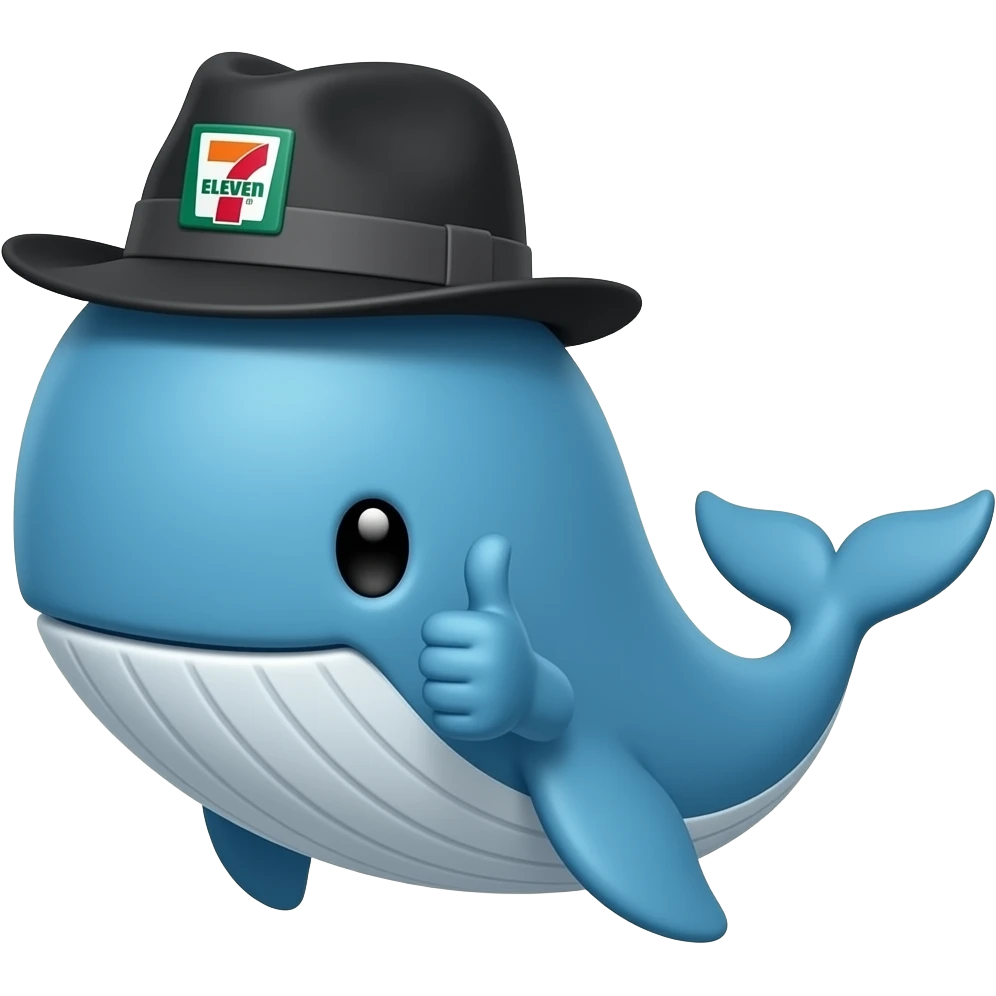cartoonish blue Whale wearing a 7-eleven branded black and grey fedora with a flipper showing a thumbs up emoji